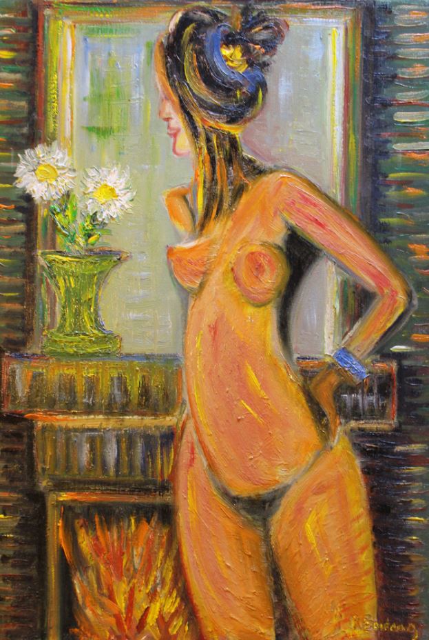 Artwork for sale René Boutang Collonges la rouge Naked in front of the fireplace