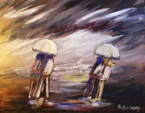 Artwork for sale René Boutang Collonges la rouge Two couples, two umbrellas